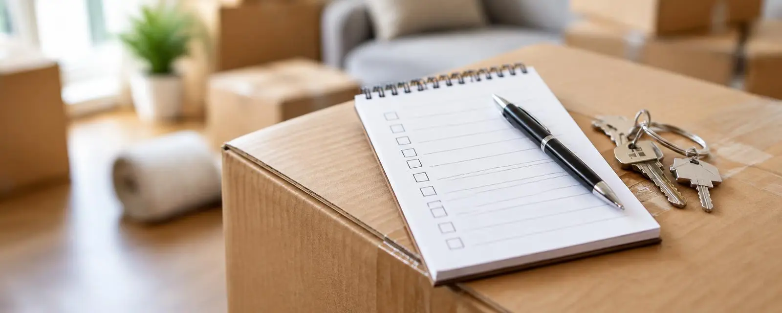 Moving checklist and house keys on a moving box